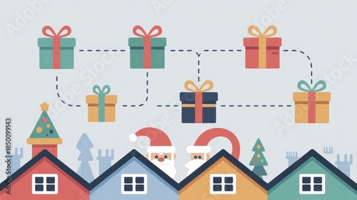 Santa Claus delivering gifts to colorful houses on Christmas