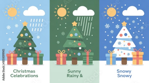 Christmas trees in different weather conditions with gifts