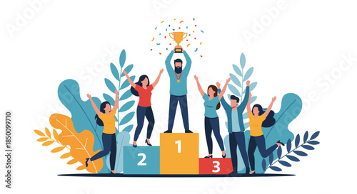 Cheering team members celebrate a first second and third place finish on a colorful podium with arms raised and a shining trophy held high above the crowd.