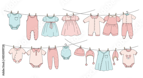 Pastel baby clothes hang on a clothesline displaying a diverse assortment of onesies dresses hats and pants in pink blue and cream tones.