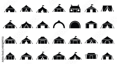 Row of camping tents forms a grid like campsite illustration with flags and arched entries across various shapes and sizes.
