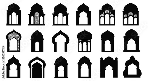 Collection of black silhouettes showing a variety of pointed and ogee arches used in architectural design and ornamental windows.