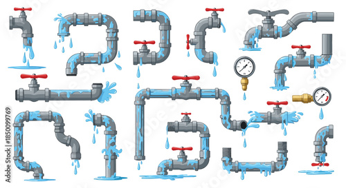 Assortment of blue metal pipes with red valves dripping water and several pressure gauges arranged in a playful industrial collage of pipework forms.