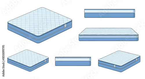 Blue mattresses shown from multiple isometric angles with textured quilted tops and soft padding to highlight modern bedding design for home interiors.