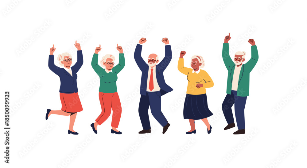 Fototapeta premium Group of joyful elderly people dancing together with raised arms and smiles in bright outfits celebrating friendship and energy.