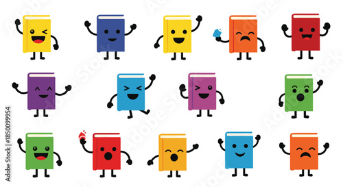 Colorful cartoon books with arms and legs stand in a cheerful lineup smiling and dancing to brighten a playful classroom library scene for young readers.