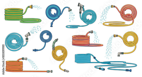 Colorful garden hoses are stretched and spraying water in blue green yellow orange and red forming a dynamic outdoor watering setup with multiple coiled hoses.
