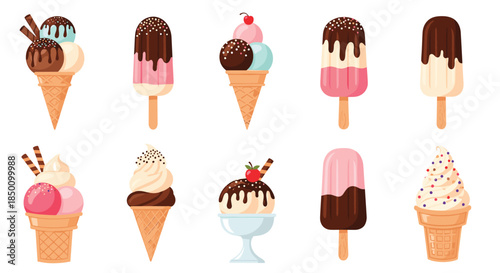 Colorful assortment of ice cream treats in cones cups and bars with chocolate drizzle sprinkles and fruit toppers arranged in a playful display.