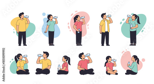 Diverse adults drink water from cups and bottles in different poses and outfits to illustrate hydration and healthy living in everyday life.