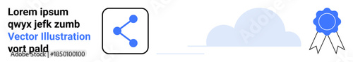 Social media, technology integration, data sharing, cloud services, digital certification, online connectivity. Linking icon, cloud graphic and badge symbol. Social media and technology integration