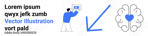 Person holding a tablet showcasing video content, blue arrow pointing to a brain with heart at the center. Ideal for education, creativity, learning, innovation, healthcare, mental health, simple