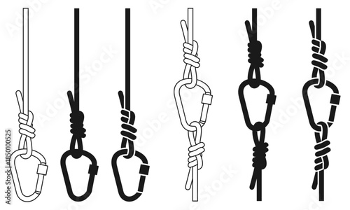 carabiner and rope attached, silhouette and line style, vector illustration isolated on white background.