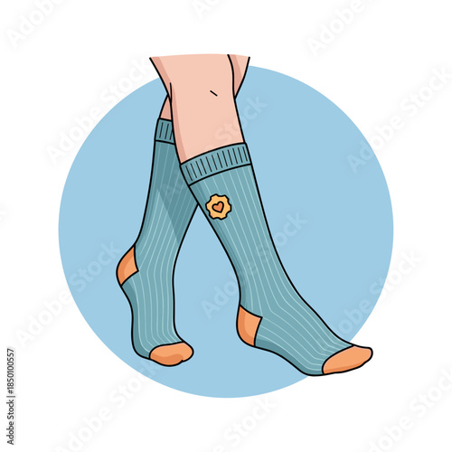 Compression socks worn by feet in a blue circular background  