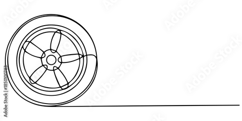 Car wheel icon line continuous drawing vector. One line Car wheel icon vector background. Disc icon. Continuous outline of a Car wheel icon, Wheel continuous one line drawing. Automobile tire symbol. 