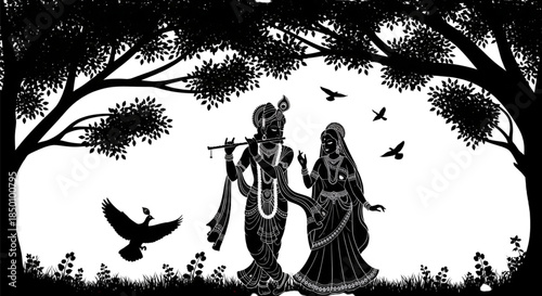 Romantic Silhouette Couple Under Trees, Peaceful Love Scene, Nature Romance, Serene Relationship, Indian Culture, Spiritual