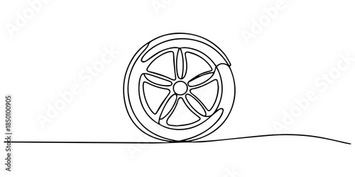 Car wheel icon line continuous drawing vector. One line Car wheel icon vector background. Disc icon. Continuous outline of a Car wheel icon, Wheel continuous one line drawing. Automobile tire symbol. 