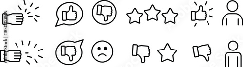User feedback rating icon set showing thumbs up down stars satisfaction review evaluation symbols line vector illustration modern minimal design