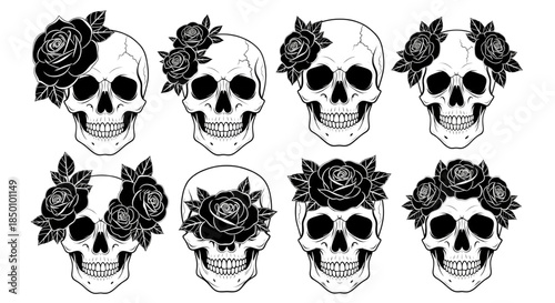 Gothic Skulls with Black Roses for Tattoo, Halloween, Goth Style Design, Dark Aesthetic Art