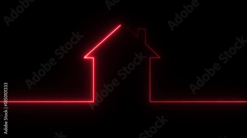 a glowing red neon line house icon on a black background. It is a minimalist, continuous line drawing of a house with a roof and chimney. 
