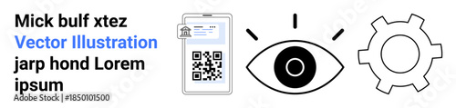QR code displayed on smartphone screen, eye icon, and gear symbol. Ideal for technology, vision, automation, innovation, scanning settings and security. Perfect for simple landing page