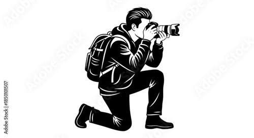 Photographer Kneeling with Backpack Capturing Outdoor Scenery for Travel Blogs and Nature Photography Projects