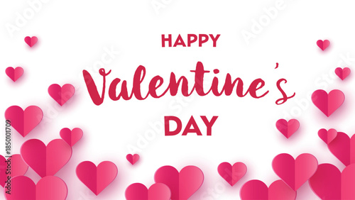 Valentine’s Day greeting card with floating paper cut hearts. Abstract background design. Vector illustration