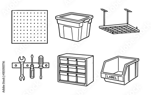 Organized garage solutions: storage bins and tool shelving in black and white line art