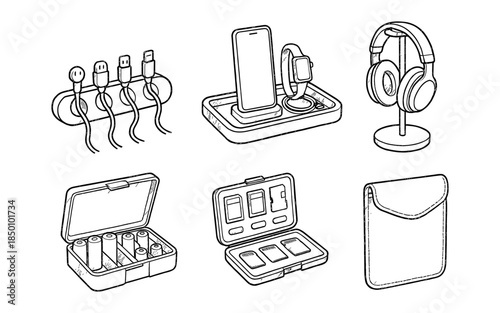 Essential tech accessories: chargers, phone stand, headphones, and storage in linear style