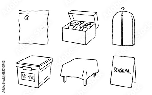 Essential storage solutions: vacuum bag, clothes organizer, garment bag, archive box