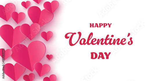 Valentine’s Day greeting card with floating paper cut hearts. Abstract background design. Vector illustration