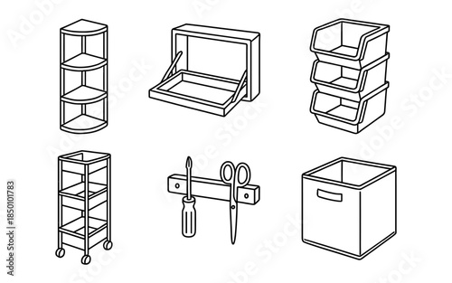 Minimalist line art storage solutions: shelves, containers, and organizers