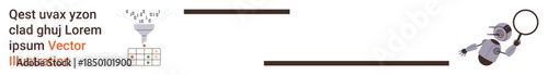 Data processing, machine learning, AI, robotics, cybersecurity, digital analysis. A funnel filtering data into a table and a robot with a magnifying glass. Data processing and machine learning