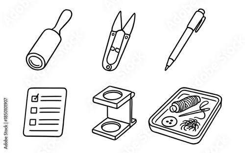 Essential sewing and craft supplies: checklist, tools, and accessories in black and white outline