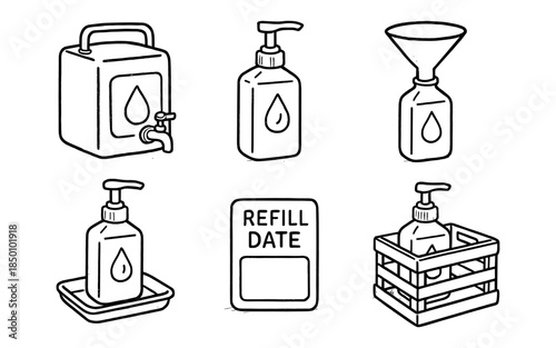 Hand soap dispensers and accessories in hand-drawn style