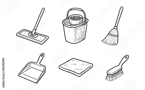 Hand drawn cleaning tools set featuring mop, bucket, broom, dustpan, sponge, and brush