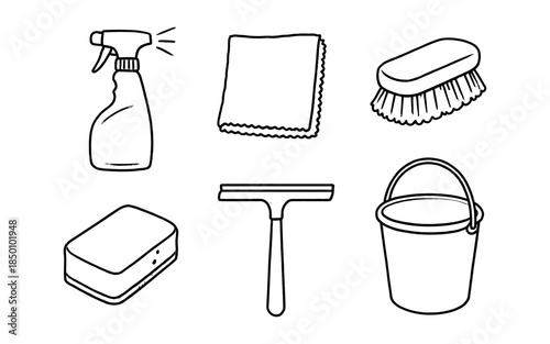 Hand drawn cleaning tools: spray bottle, brush, cloth, and more
