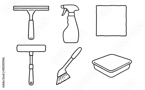 Cleaning tools line art collection: spray bottle, squeegee, brush, cloth, sponge