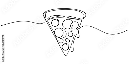 Continuous line drawing of a pizza with pepperoni slices on each piece, Pizza continuous one line vector slice icon cheese food hand. Continuous one line pizza drawn background sketch illustration set