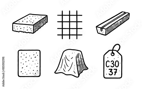 Hand drawn building materials: sponge, rebar, wood plank, concrete, covered object, tag