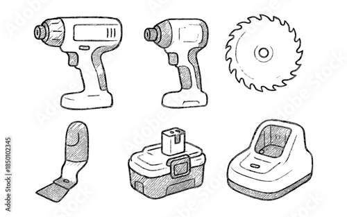 Hand drawn power tools set: drill, saw blade, and accessories in sketch style