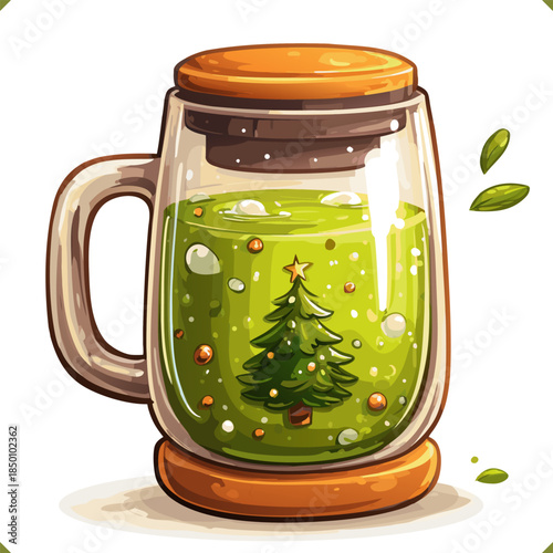 Vector illustration of a thermos travel mug with herbs, mug with a lid, for food packaging and grocery design, isolated on a white background