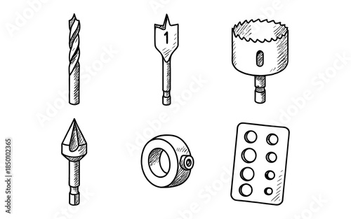 Hand drawn sketch of various drill bits and accessories for woodworking
