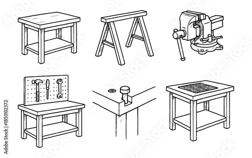 Linear workbench tools and equipment set for woodworking projects