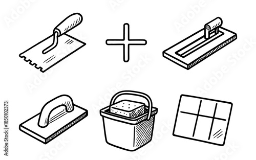 Hand drawn construction tools: trowel, bucket, tile, grout, and plus sign