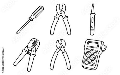 Hand drawn electrical tools set with screwdriver, pliers, and multimeter