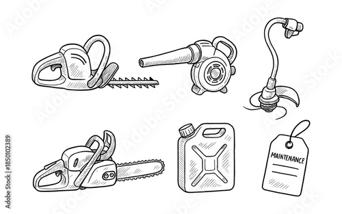 Hand drawn garden tools collection: chainsaw, leaf blower, trimmer, fuel can, maintenance tag