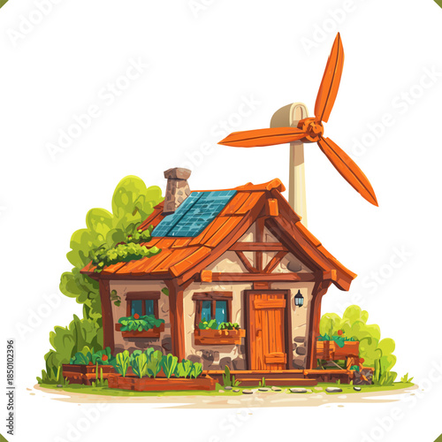 Vector illustration of a wooden eco house with solar panels and a wind turbine surrounded by plants and garden elements, sustainable living concept, isolated on a white background