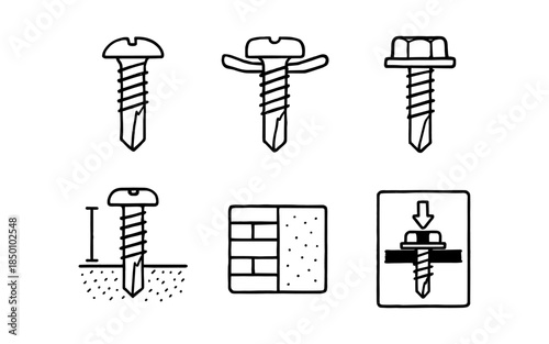 Hand drawn screws and fastening techniques collection