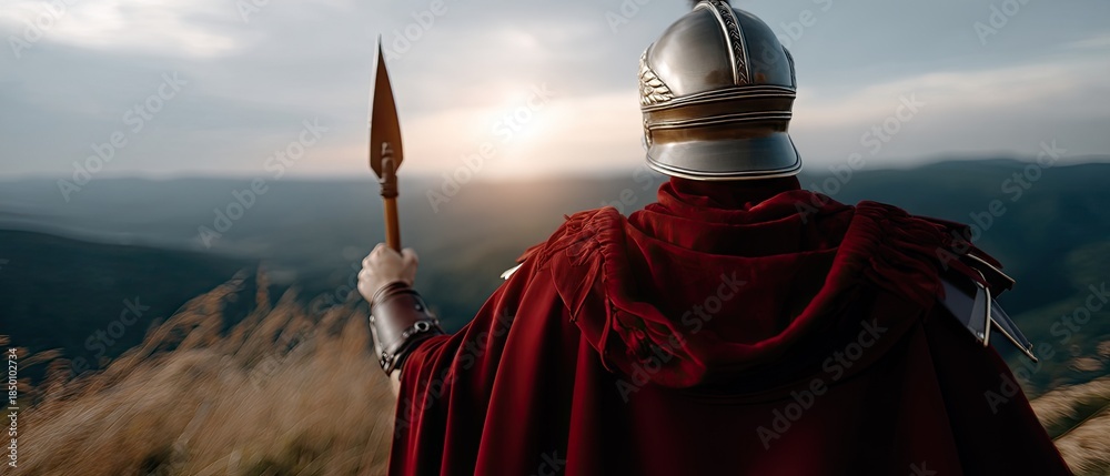 Obraz premium Spartan warrior stands on battlefield at sunset holding spear and shield with golden grass and hills in the background during late afternoon