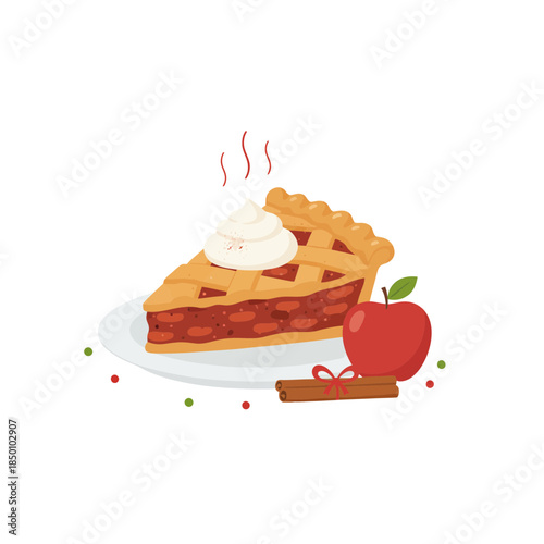 Delicious slice of apple pie with whipped cream on top